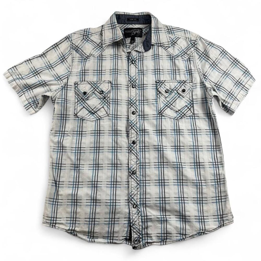 Moonshine Spirit Brad Paisley Plaid Shirt Men’s Small White Blue Button Up
